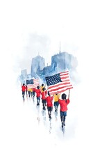 Children's Parade for Cityscape, USA Flags.