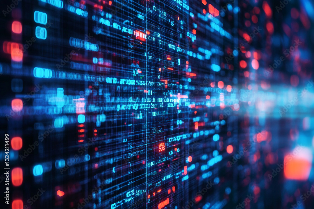 Aufkleber abstract digital data stream background with blue and red glowing numbers code grid cyber light