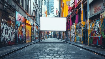 In the heart of a bustling metropolis, a colorful alleyway adorned with graffiti boasts a blank billboard, symbolizing innovative advertising possibilities in unexpected city settings