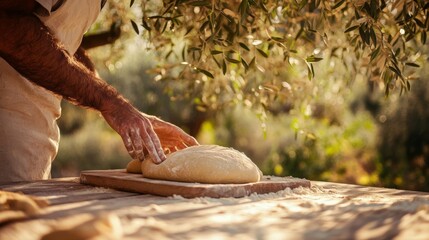 Baker creating traditional bread under olive tree in countryside