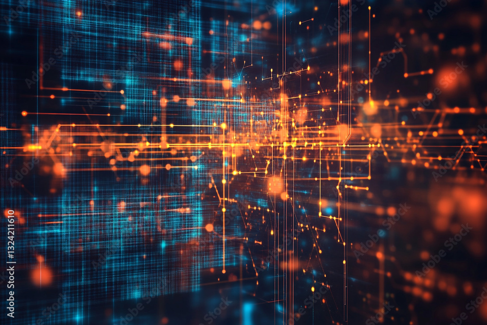 Poster abstract digital network technology background orange blue lines web data grid cyber nodes future