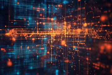 Abstract digital network technology background orange blue lines web data grid cyber nodes future