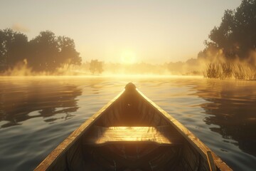 Serene sunrise view from a canoe on a misty lake, with trees reflecting in calm waters