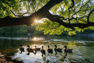 Fototapeta premium Ducks swimming peacefully in a serene lake surrounded by lush greenery at sunset
