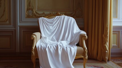 Ornate chair draped in white fabric in a grand room