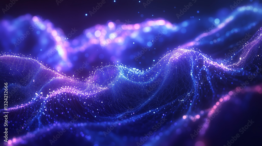 Poster visualization of big data with glowing nodes in deep blue and purple