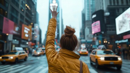 White woman hailing a taxi in New York City street amidst bustling urban environment