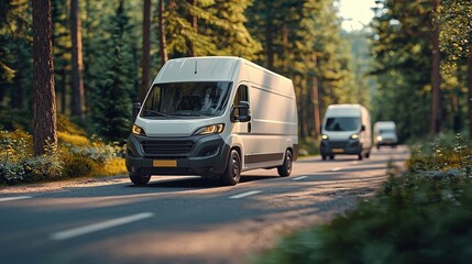 Two delivery vans driving on forest road, surrounded by lush greenery