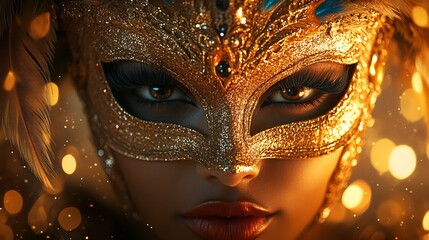 Junkanoo Festival invitation a private costume ball showcasing a dramatic masked figure with rich feathered detailing and golden sparkles ultra detailed opulent card design