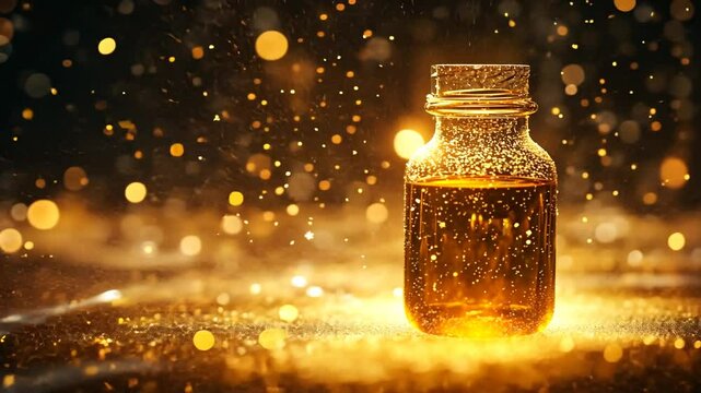 Golden elixir in a glass bottle with sparkling particles and bokeh effect background