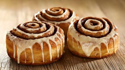 Three cinnamon rolls drizzled with icing, placed on a wooden surface. Concept Cinnamon Rolls, Icing Drizzle, Rustic Presentation, Wooden Surface, Breakfast Treats