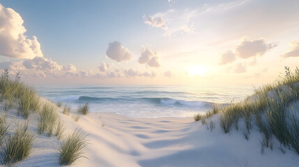 Fototapeta premium A serene shoreline with a harmonious monochromatic sand and sky theme, where calm waves create delicate patterns in the soft, textured landscape.