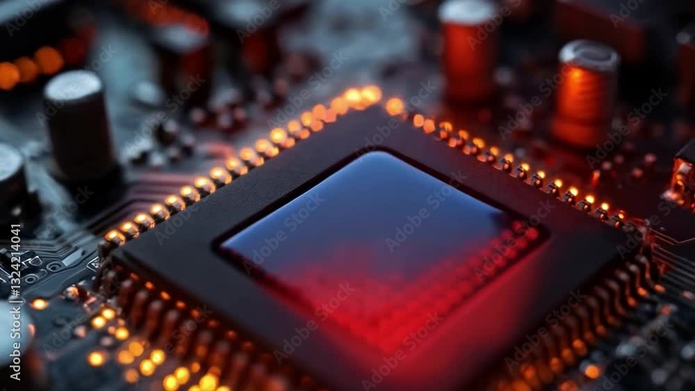 Fototapete A close-up view of a quantum chip illuminated by red lights, featuring a qubit array. This technology represents cutting-edge advancements in quantum computing and circuitry design.