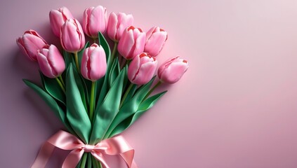 Pink Tulip Bouquet on Pink Background Romantic Spring Flowers