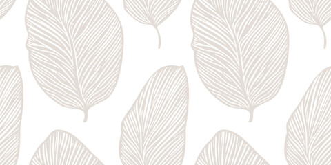Vector leaf pattern. Subtle abstract beige and white seamless background with big leaves, foliage, outline botanical silhouettes. Simple floral ornament texture. All-over design for decoration, print