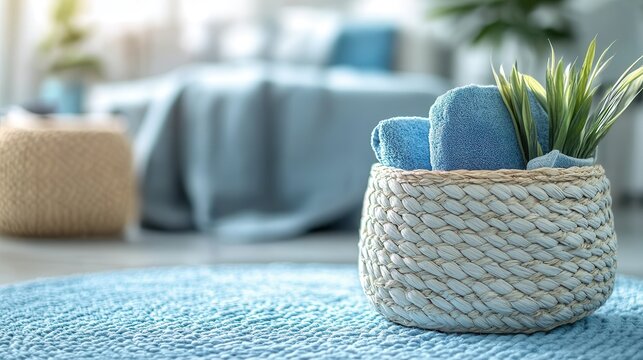 A delicate basket of light blue woven fabric rests on a soft blue surface, its ample space beckoning for storage or organization, ready to add a touch of serenity to any home.
