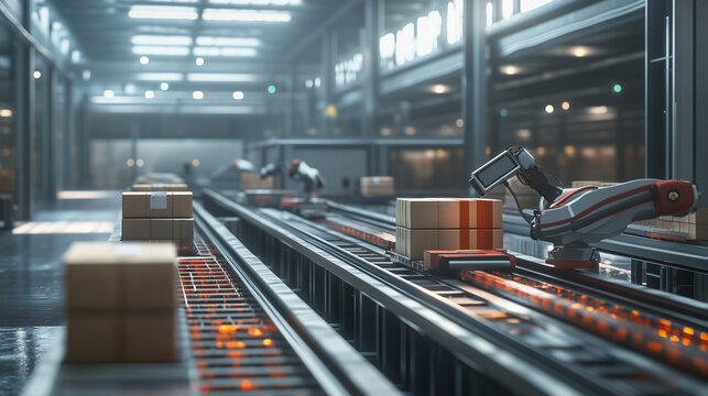 Modern Warehouse With Robotic Arms and Conveyor Belts Sorting Packages