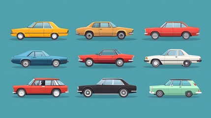 Fototapeta premium Professional Flat Collection of Various Car Models Illustration for Automotive Designs and Presentations