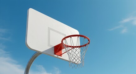 Close-up of a Basketball Hoop Against a Clear Blue Sky Background and Few Clouds