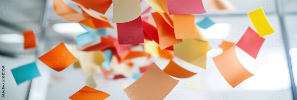 Poster Collaborative Innovation Unleashed Dynamic Multicolor Sticky Notes Capturing Next-Gen Team Brainstorming in Agile Workspace Design