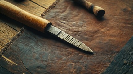 Vintage woodworking tool on leather