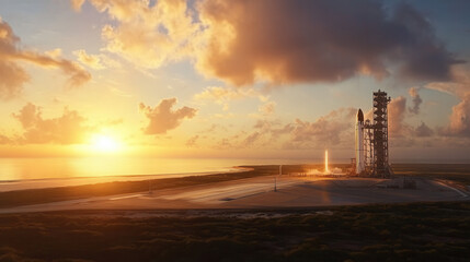 Rocket launch at sunrise space center photography coastal environment wide-angle view aerospace innovation
