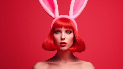 Beautiful girl with red hair wearing Easter bunny costume with rabbit ears, naked shoulders. Pink red color. Monochromatic style. Minimal creative concept of celebrating Easter holiday. Copy space