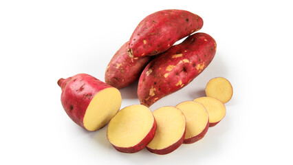Raw sweet potatoes on wooden background closeup