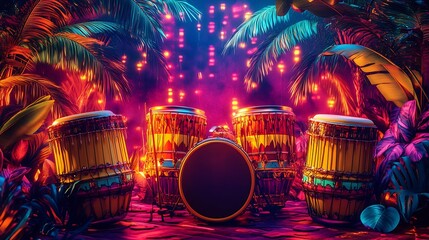 Junkanoo Festival music themed party invitation card displaying animated goombay drums steel pan instruments a pulsating neon background ultra realistic concert style invite
