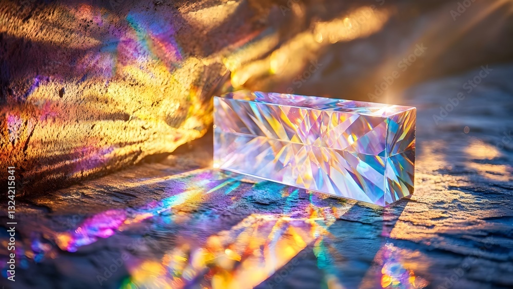 Poster a clear prism positioned on a surface, creating colorful light reflections and refractions in the su