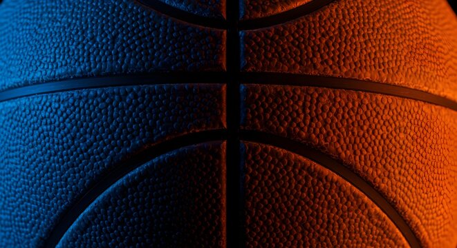 Close-up shot of a basketball illuminated with vibrant blue and orange lighting