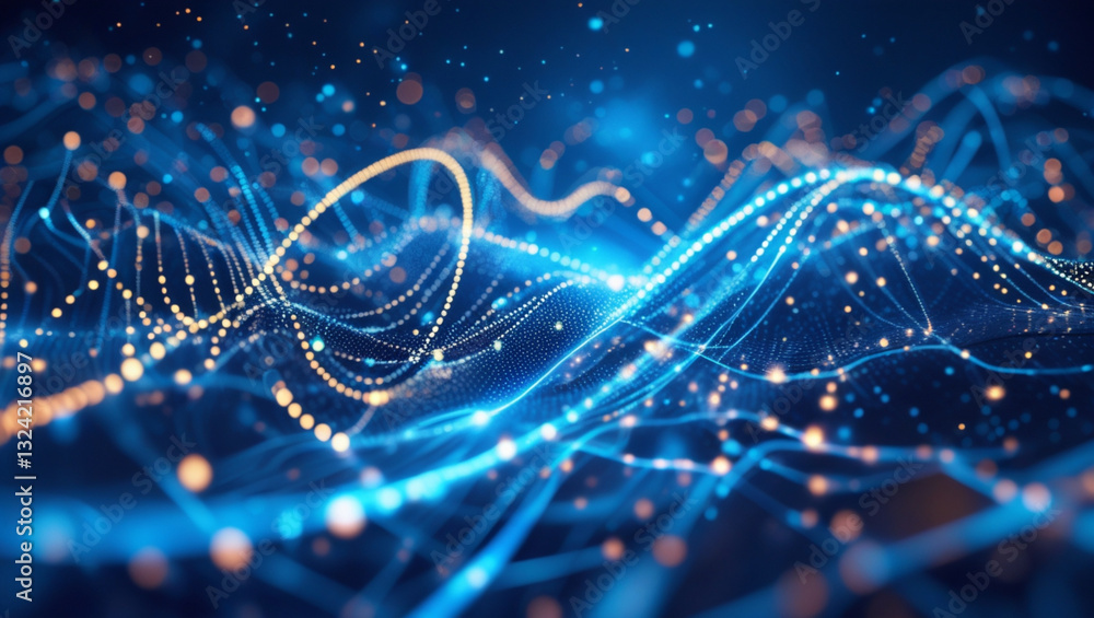 Poster glowing abstract dna molecule background with dynamic blue light and digital wave pattern