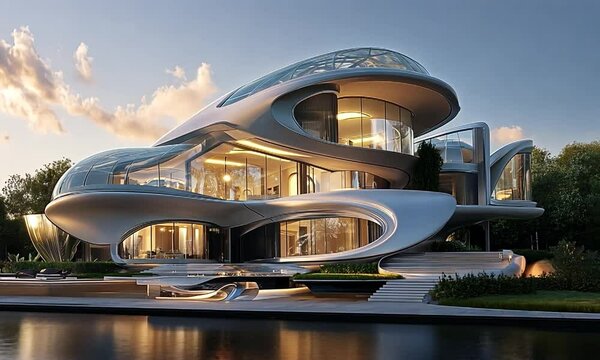 Futuristic architectural marvel with fluid lines and glass, surrounded by lush greenery and water