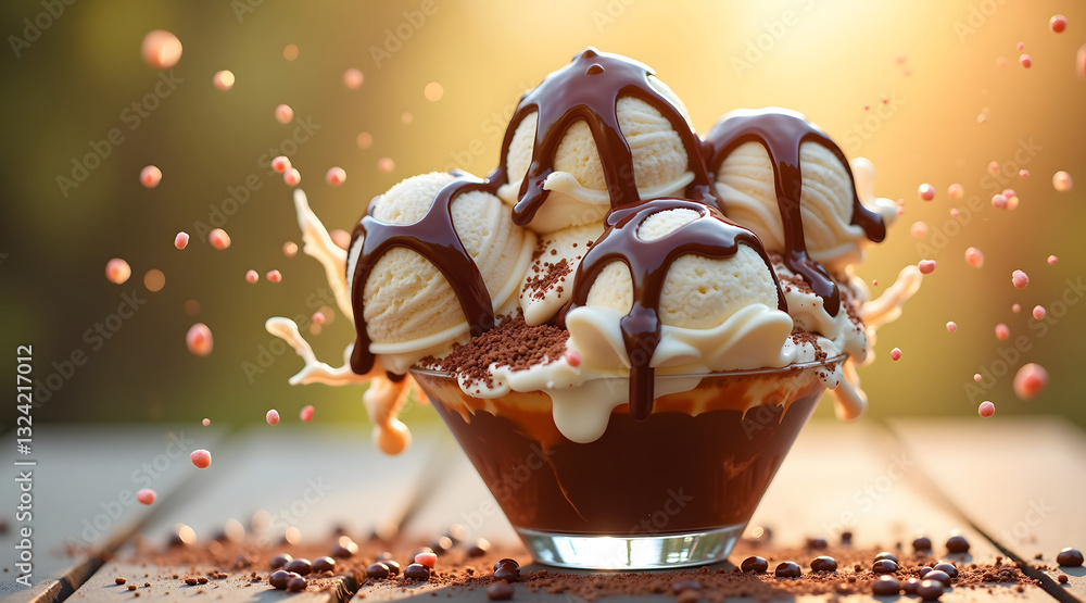 Poster a delicious dessert featuring a bowl of ice cream topped with chocolate sauce and sprinkles, creatin