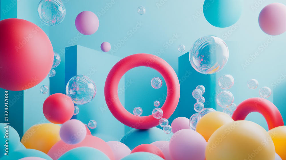 Aufkleber Abstract colorful 3d render with floating bubbles and geometric shapes pastel background design red
