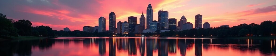 Glass skyscrapers reflecting in a calm lake at midtown Atlanta's sunset, reflection, sunset, urban