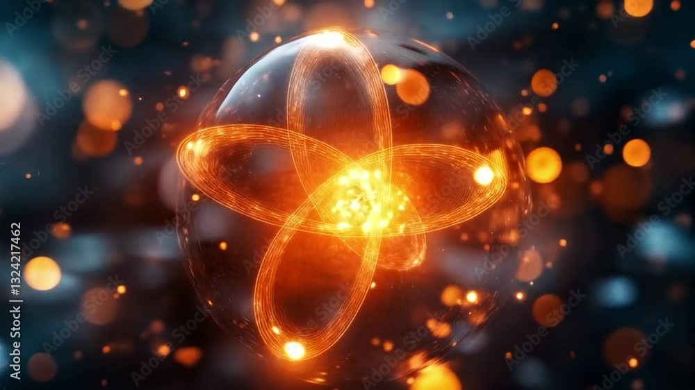 Poster a vibrant representation of quantum mechanics featuring a glowing atom surrounded by energetic parti