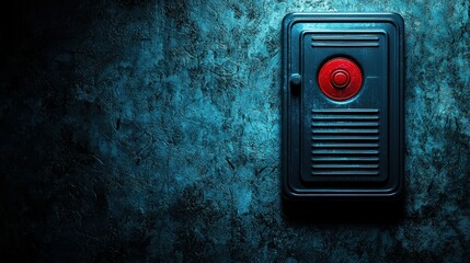 Dark metal box with a red button on textured, dark wall. Spooky