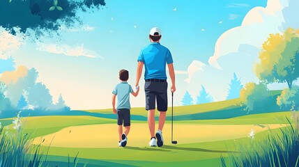Professional Golfer Father and Son Having a Wonderful Time Walking on a Beautiful Golf Course