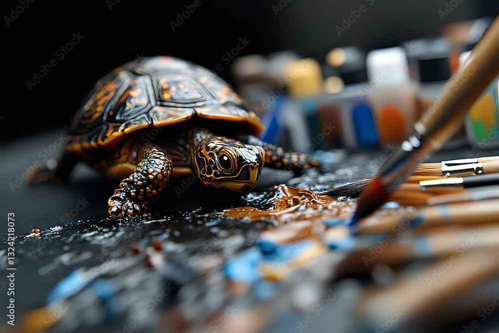 Poster box turtle walking through colorful oil paint palette with paintbrushes, artistic composition with s