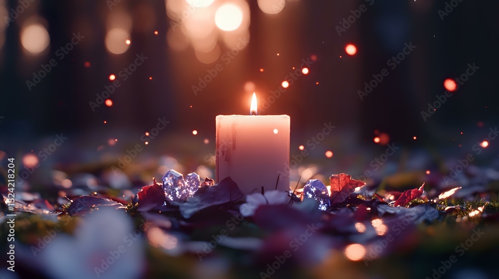 Poster single burning candle surrounded by autumn leaves and bokeh lights creating magical atmospheric mood