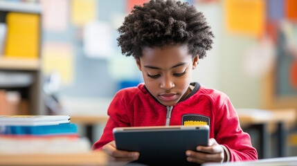 Blended Learning Student Engaging With Tablet and Books in Classroom