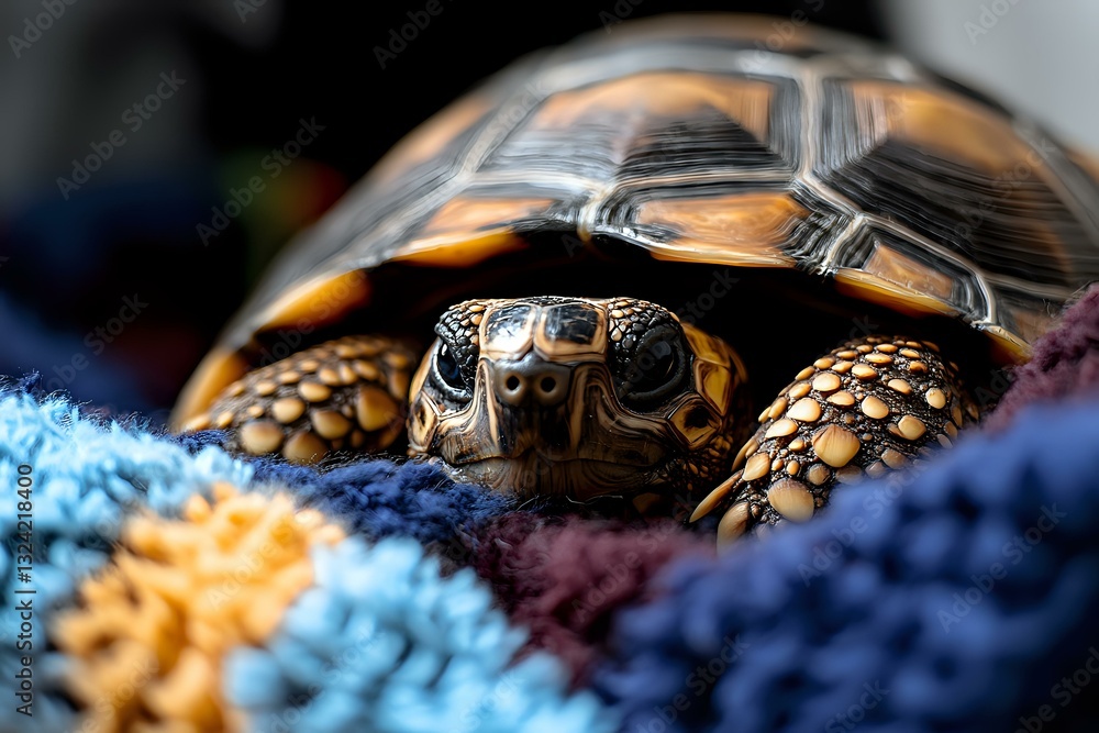 Aufkleber close-up macro shot of radiated tortoise shell pattern and head resting on colorful knitted textile 