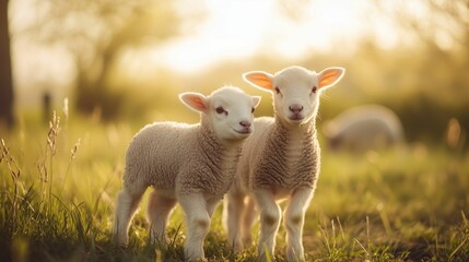 Two playful lambs standing together in a sunlit meadow.