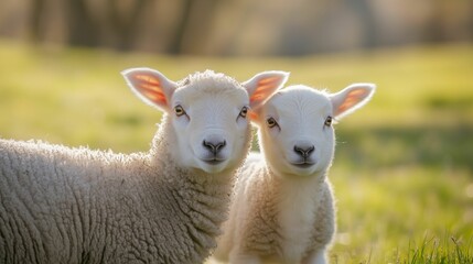 Obraz premium Two adorable lambs smiling in a sunlit meadow during spring.
