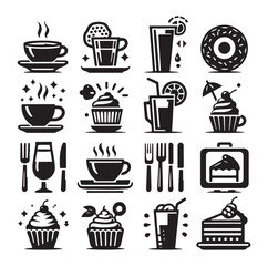 Silhouette icon set of cafe icons, restaurant icon, food and drink icon vector style on white background.