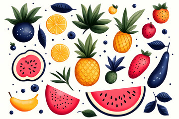 Colorful fruit collection. Vibrant, stylized illustration of various fruits, including pineapples, oranges, blueberries, strawberries, and more, arranged on a white background