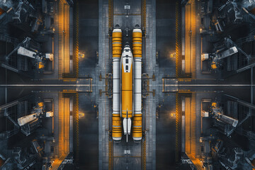Rocket launch preparation space launch facility aerial view industrial environment advanced technology concept