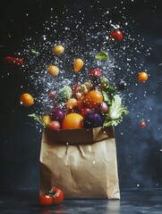 Fresh fruits and vegetables spill from a paper bag in slow motion, showcasing vibrant colors and dynamic movement