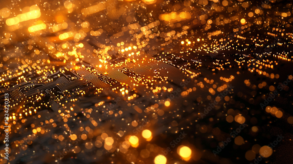 Poster abstract golden circuit board technology background image dark data power macro lights bright modern